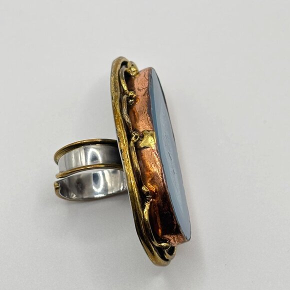 Handcrafted Blue Druzy Agate Statement Ring Mixed Metal Artisan Design - Picture 3 of 7